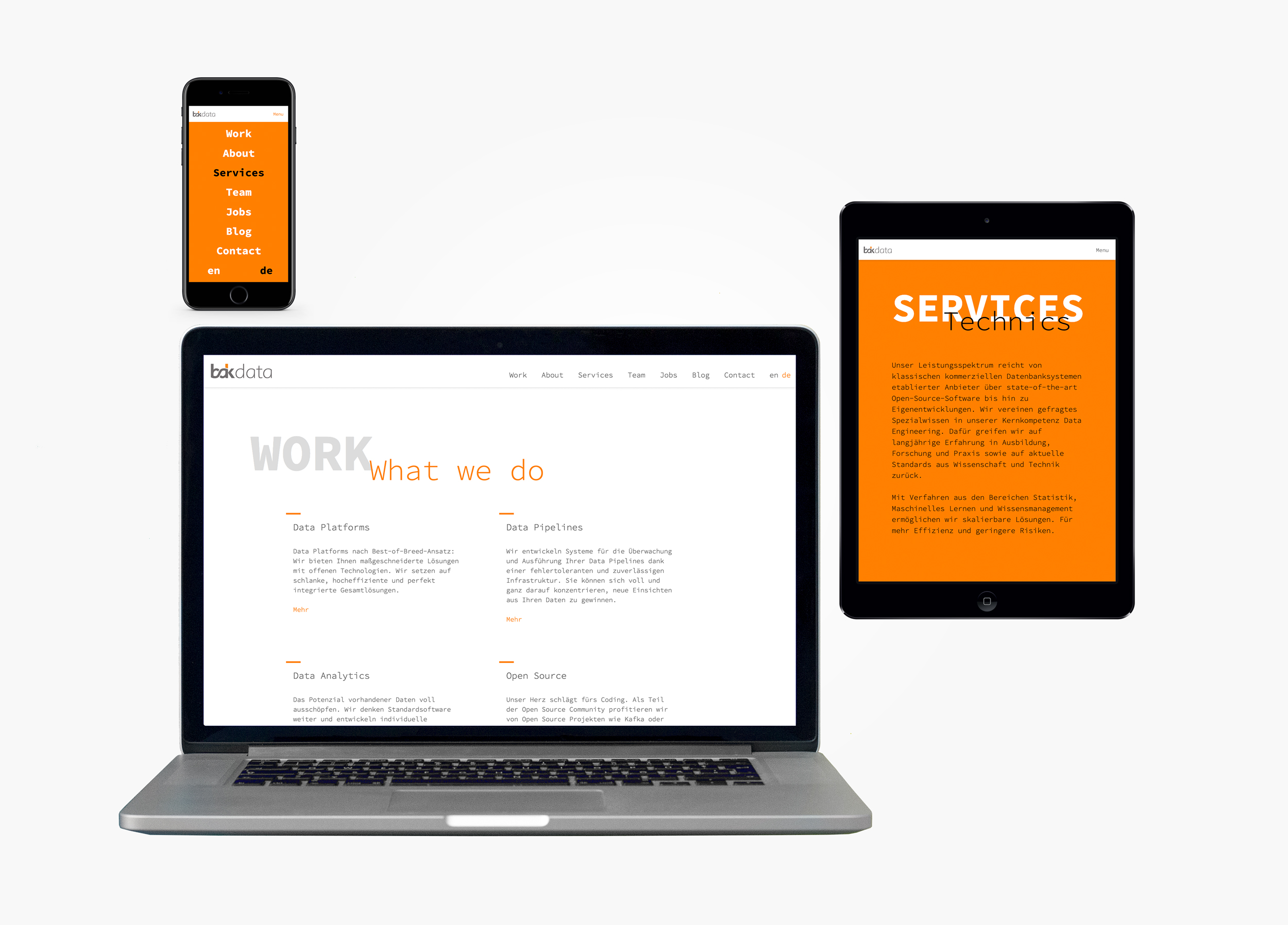 Photo of the responsive website design for data engineering company bakdata, shown on a mobile, tablet and desktop screen.