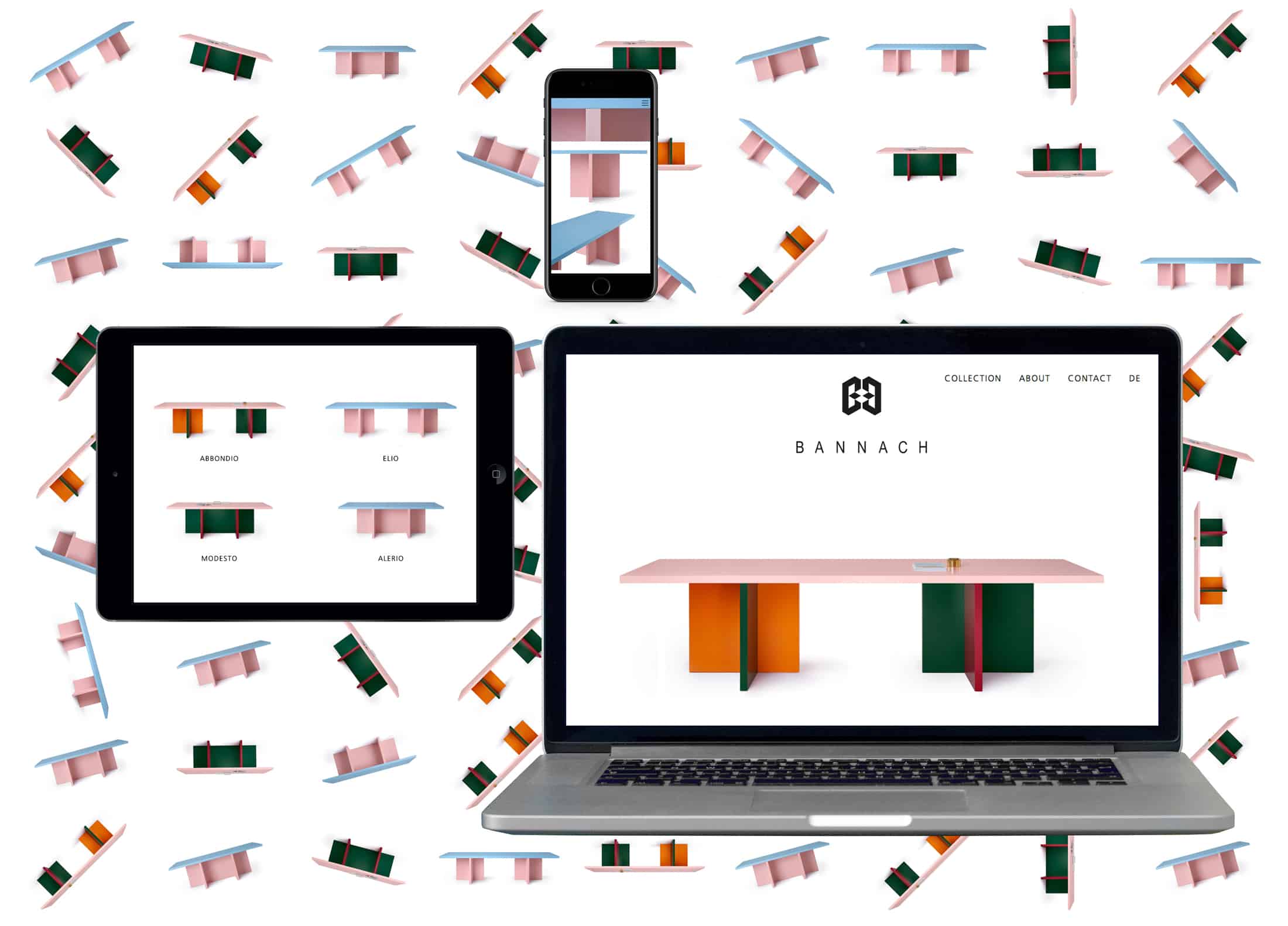 Photo of the responsive website design for furniture designer Moritz Bannach, shown on a mobile, tablet and desktop screen.