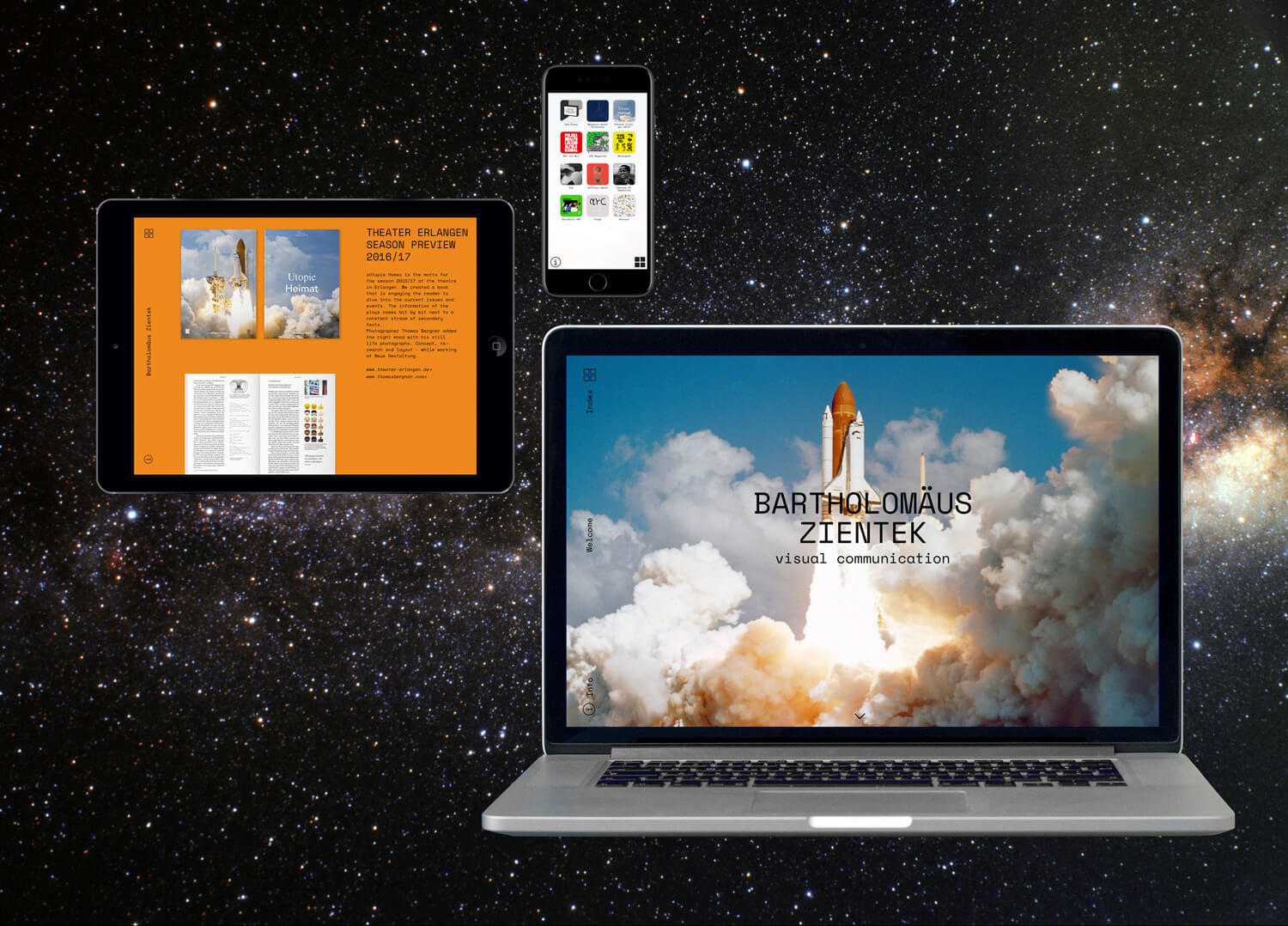 Photo of the responsive website design for the portfolio of Bartholomäus Zientek, shown on a mobile, tablet and desktop screen.