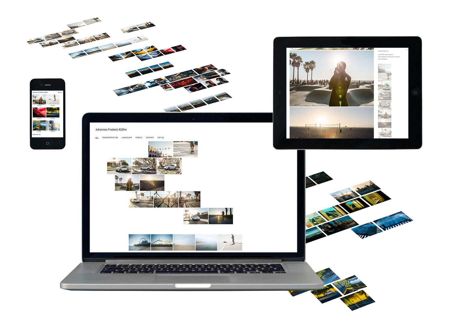 Photo of the responsive website design for Johannes Frederic Kühn shown on a mobile, tablet and desktop screen.